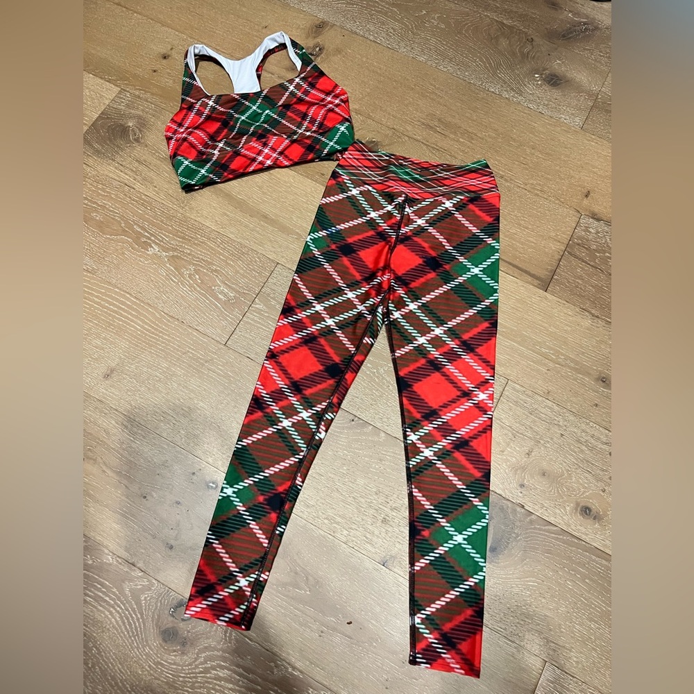 Green and red plaid sports bra and leggings set